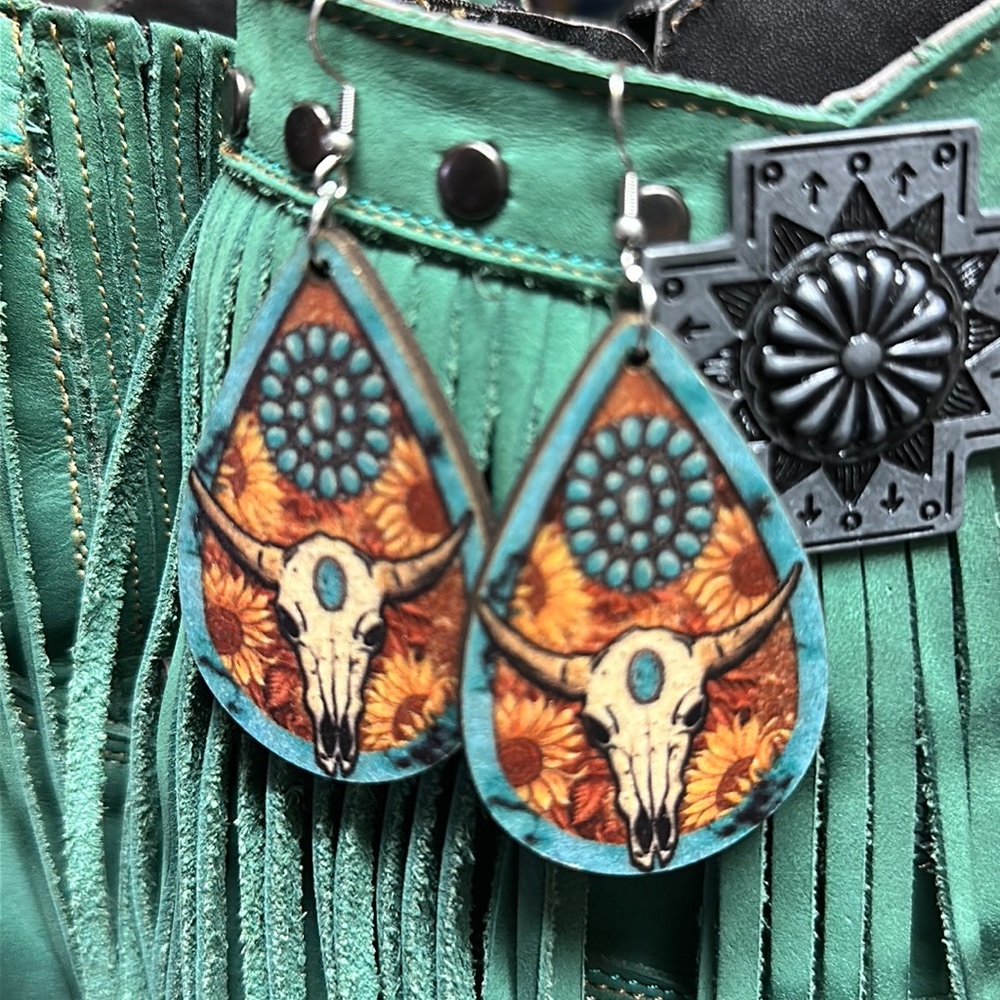New Wood Boho Southwestern Cow Skull Sunflower Earrings